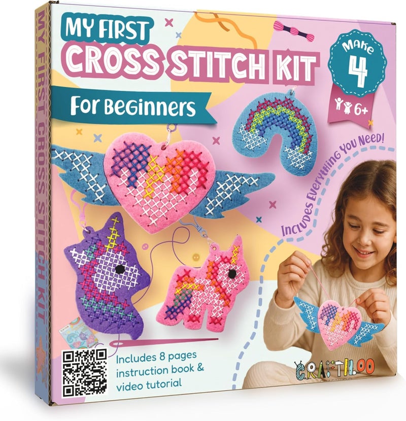 CRAFTILOO My First Cross Stitch Kit for Kids Ages 6–12 – Beginner Needlepoint Set with Pre-Cut Felt, Thread & Keyrings – Makes 4 Colorful Designs: Unicorn, Rainbow, Winged Heart - Image 1